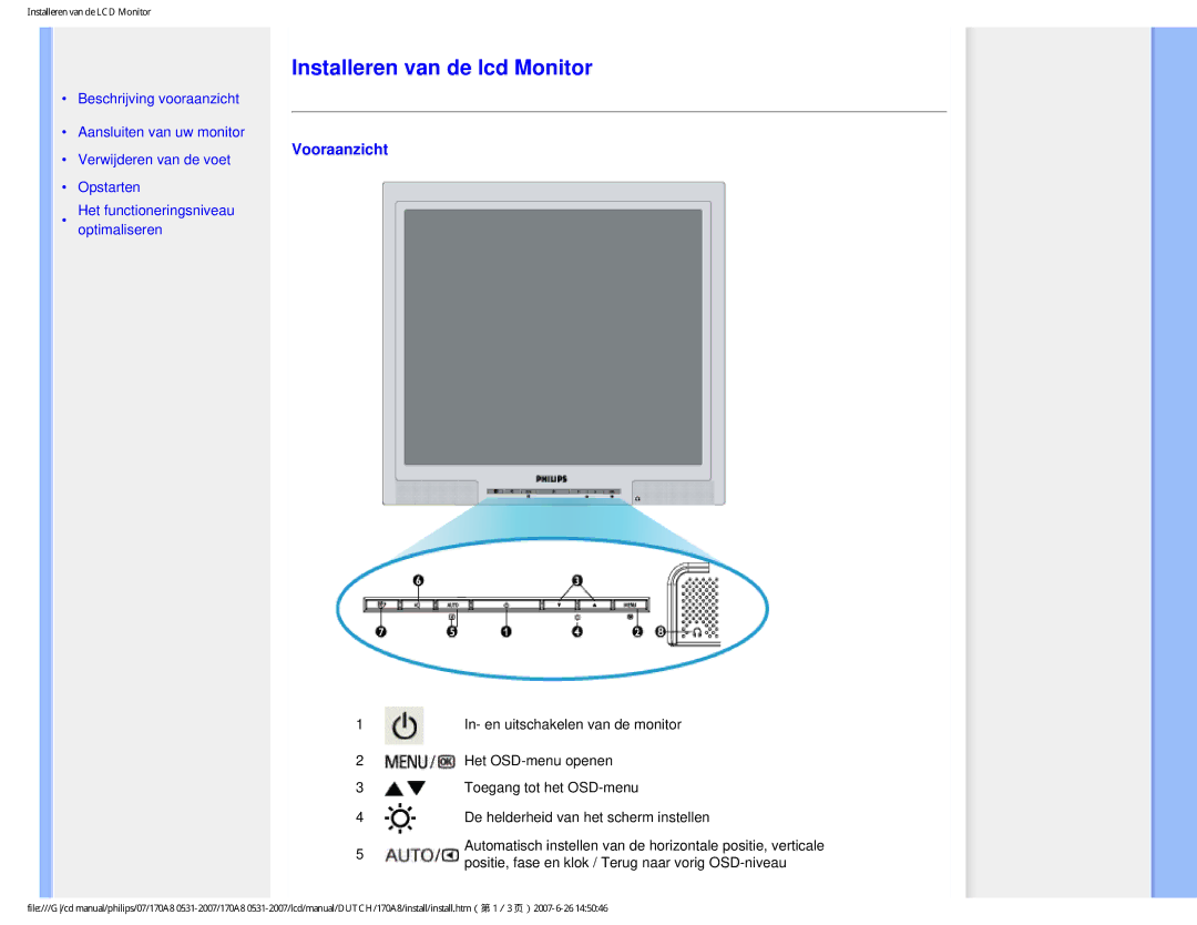 Philips 170A8 user manual Installeren van de lcd Monitor, Vooraanzicht 