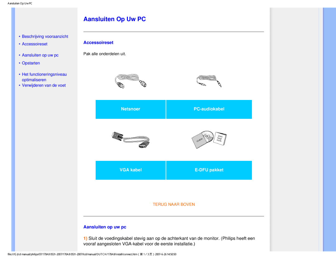 Philips 170A8 user manual Aansluiten Op Uw PC, Accessoireset, Aansluiten op uw pc 