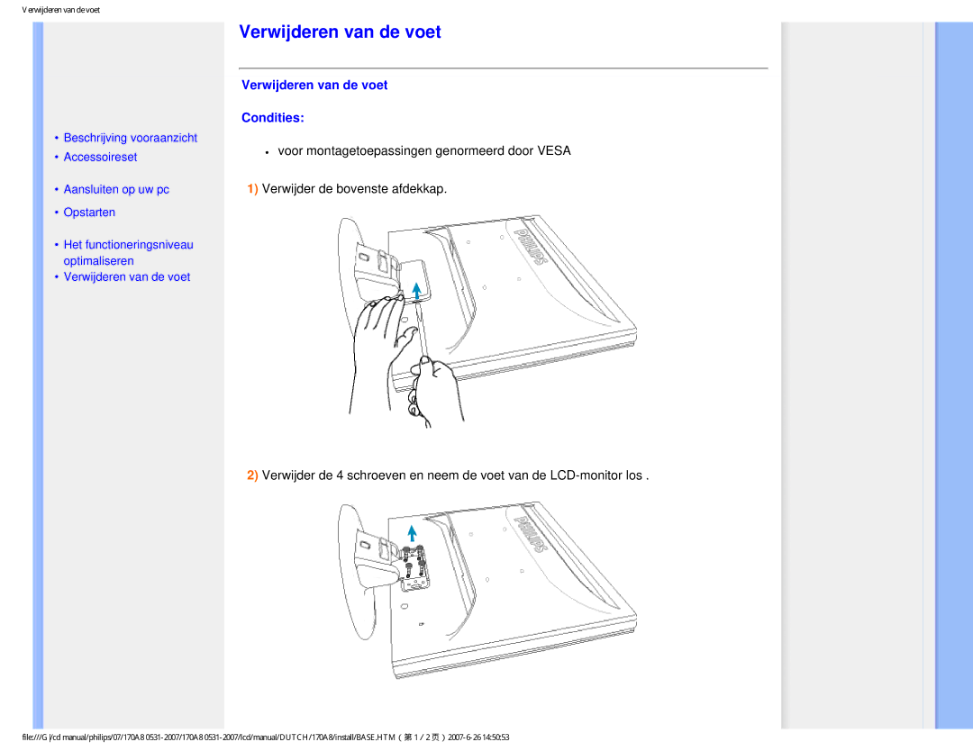 Philips 170A8 user manual Verwijderen van de voet Condities 