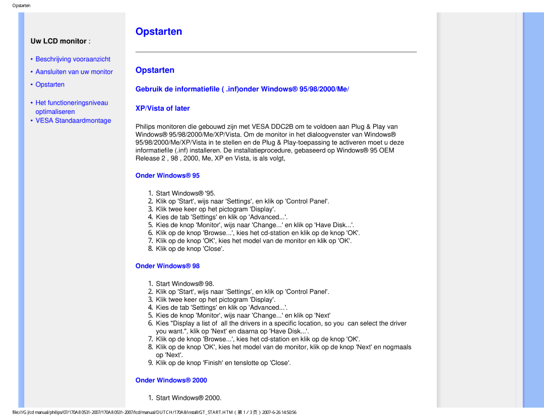 Philips 170A8 user manual Opstarten, Onder Windows 