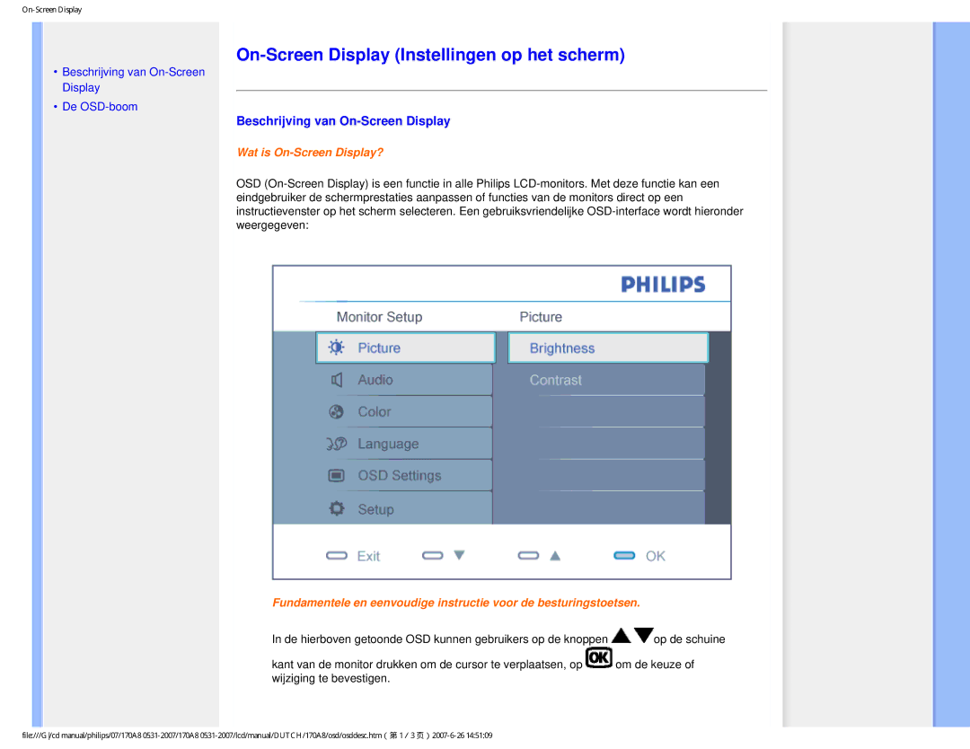 Philips 170A8 user manual On-Screen Display Instellingen op het scherm, Beschrijving van On-Screen Display 