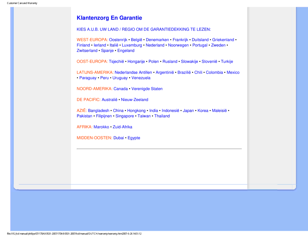Philips 170A8 user manual Klantenzorg En Garantie, Kies A.U.B. UW Land / Regio OM DE Garantiedekking TE Lezen 