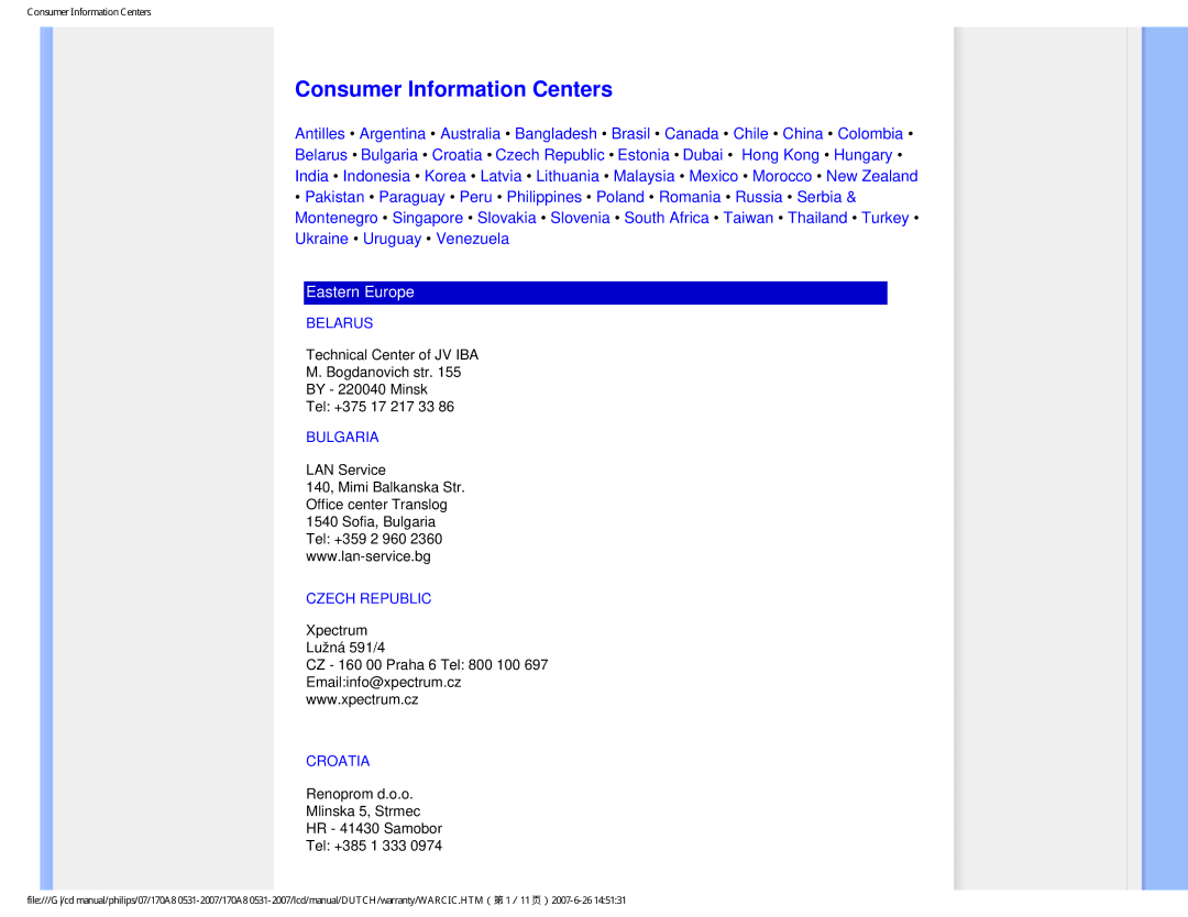 Philips 170A8 user manual Consumer Information Centers, Belarus, Bulgaria, Czech Republic, Croatia 