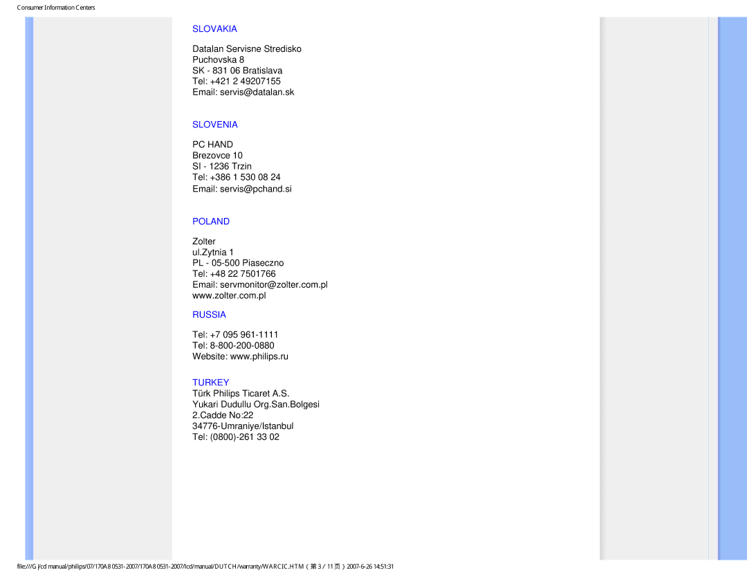 Philips 170A8 user manual Slovakia, Slovenia, Poland, Russia, Turkey 