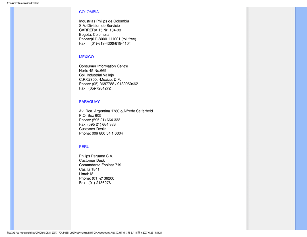 Philips 170A8 user manual Colombia, Mexico, Paraguay, Peru 