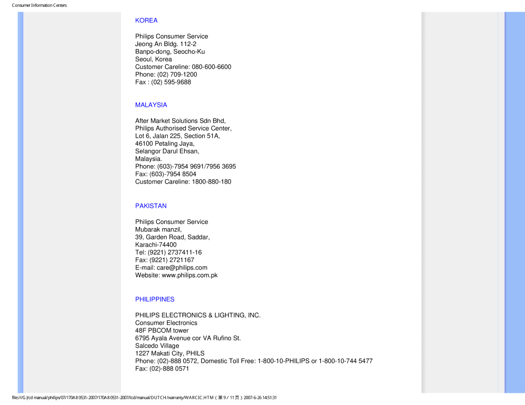 Philips 170A8 user manual Korea, Malaysia, Pakistan, Philippines 