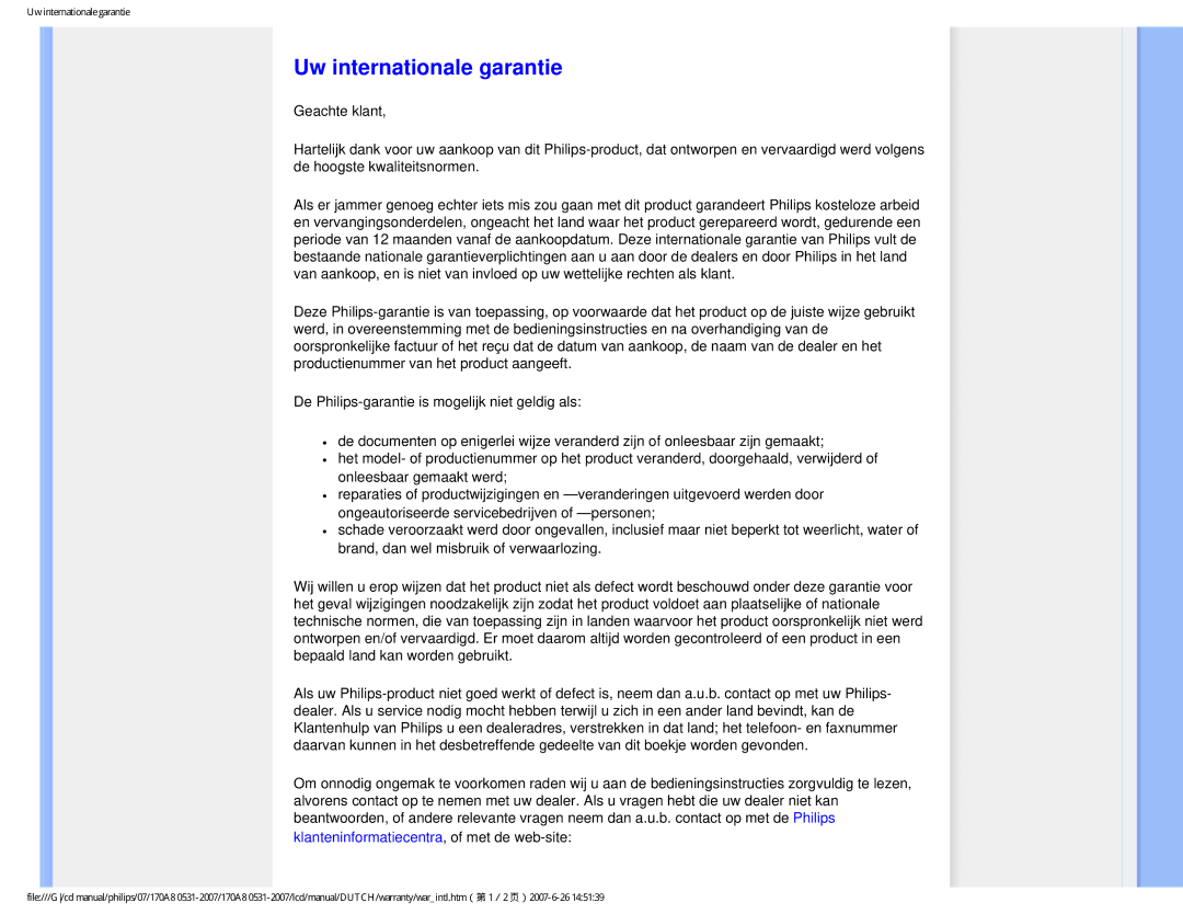 Philips 170A8 user manual Uw internationale garantie, Klanteninformatiecentra, of met de web-site 