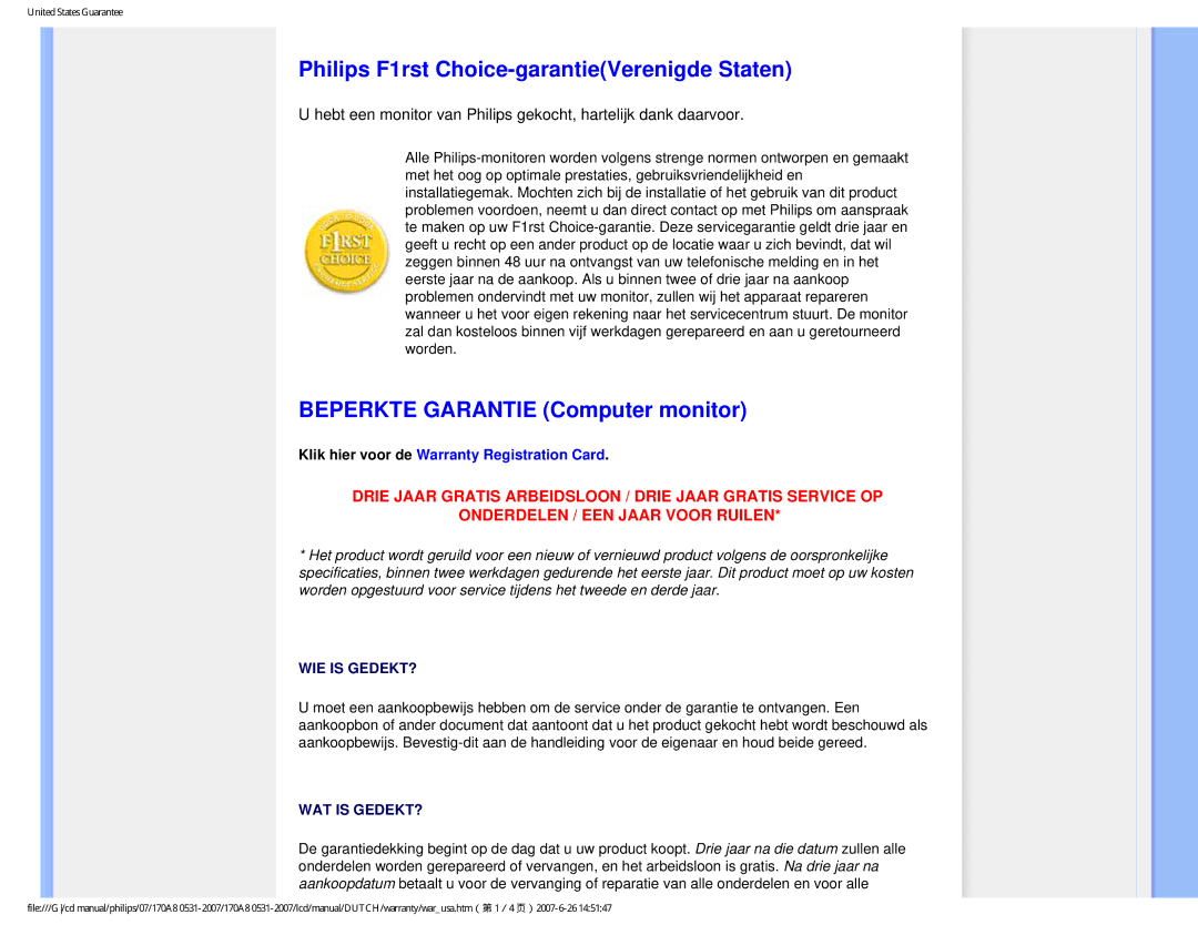 Philips 170A8 user manual Philips F1rst Choice-garantieVerenigde Staten, Beperkte Garantie Computer monitor 