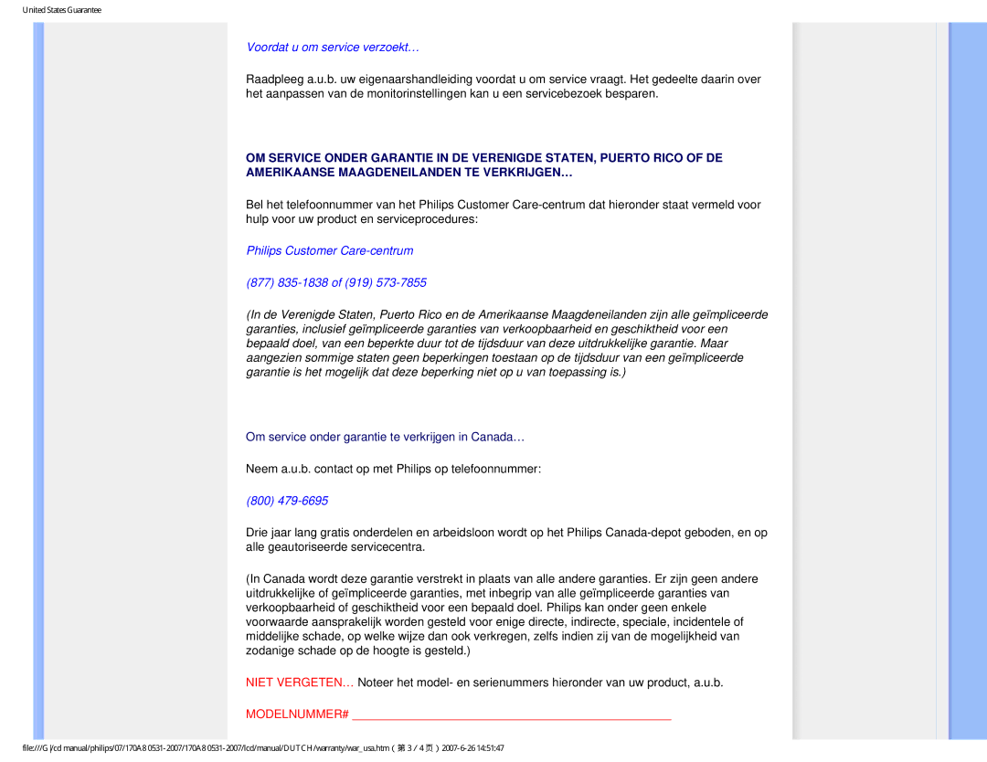 Philips 170A8 user manual Voordat u om service verzoekt… 