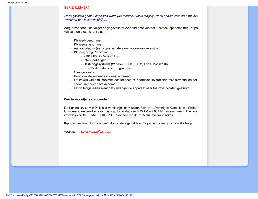 Philips 170A8 user manual Een telefoontje is voldoende 