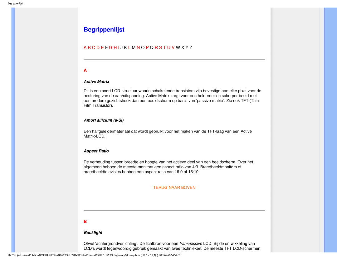 Philips 170A8 user manual Begrippenlijst, Active Matrix, Amorf silicium a-Si, Aspect Ratio, Backlight 