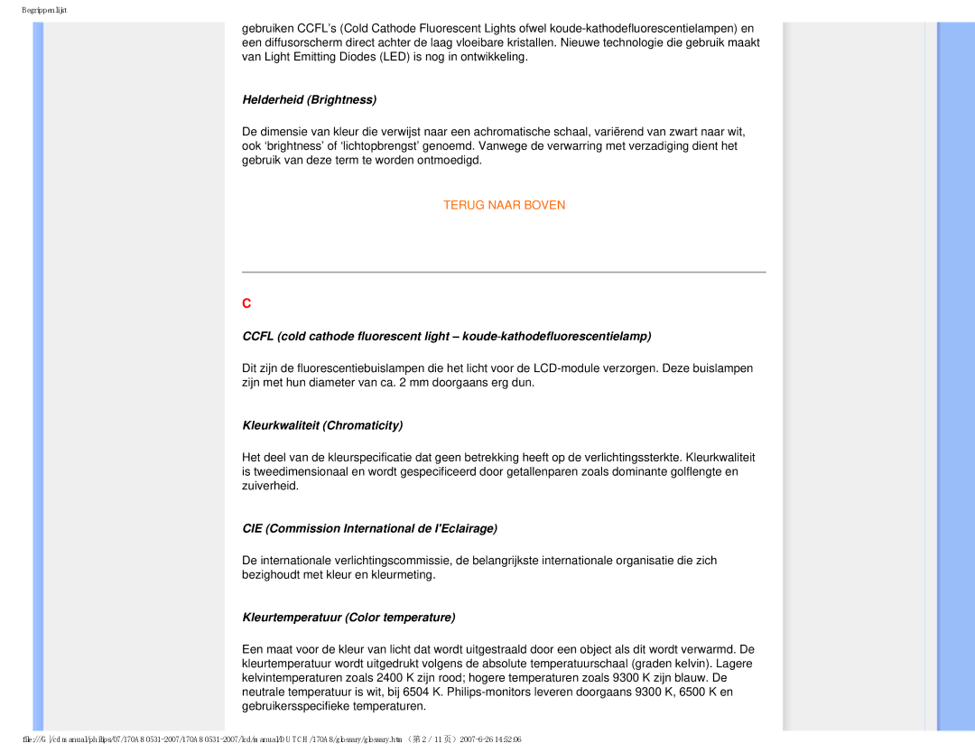 Philips 170A8 user manual Helderheid Brightness, Kleurkwaliteit Chromaticity, CIE Commission International de IEclairage 