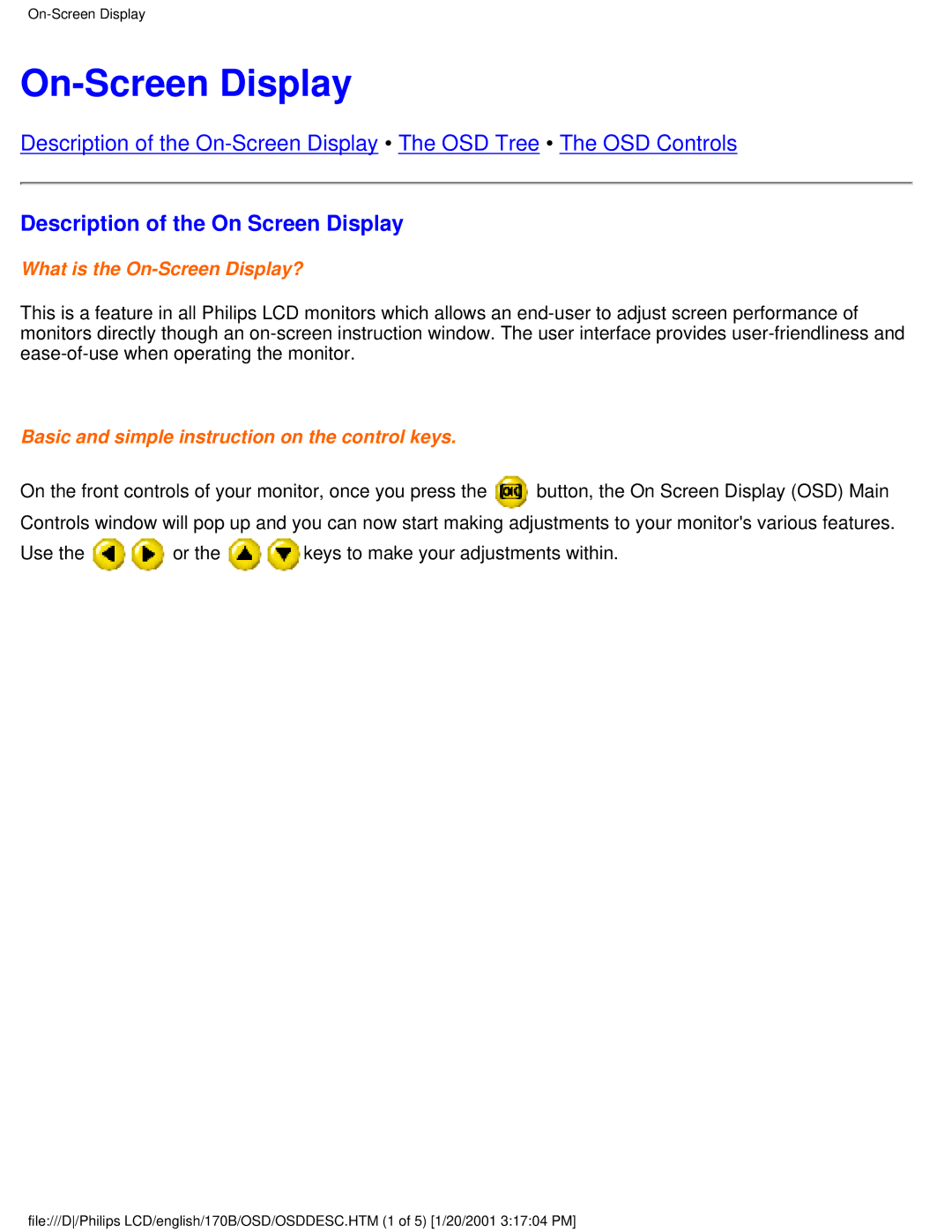 Philips 170B user manual On-Screen Display, Description of the On Screen Display 