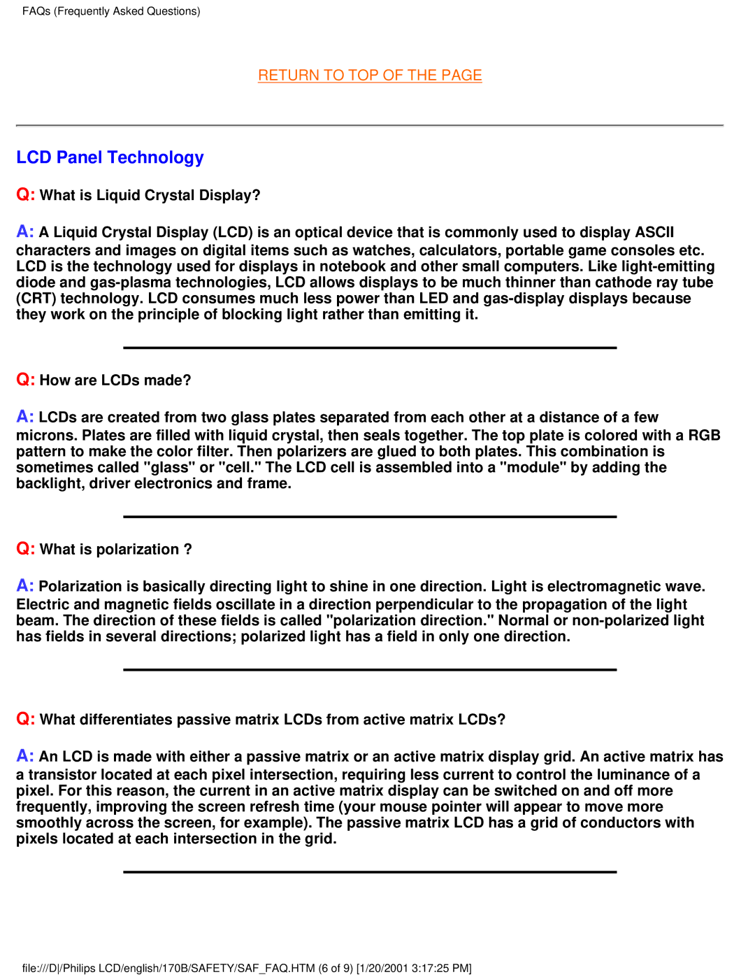 Philips 170B user manual LCD Panel Technology 