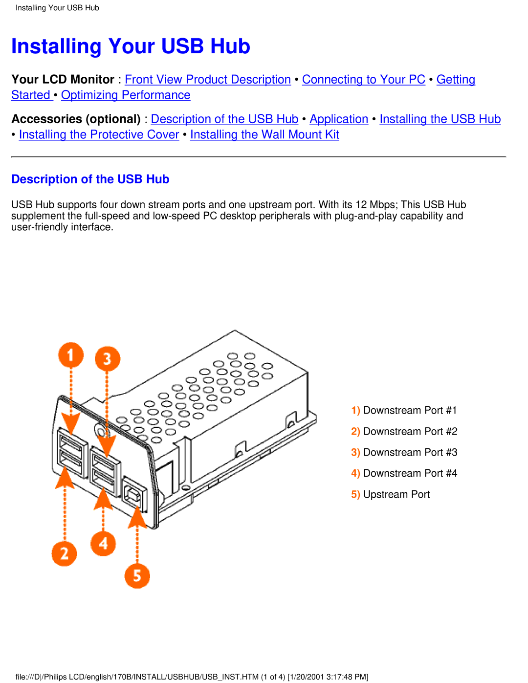 Philips 170B user manual Installing Your USB Hub, Description of the USB Hub 