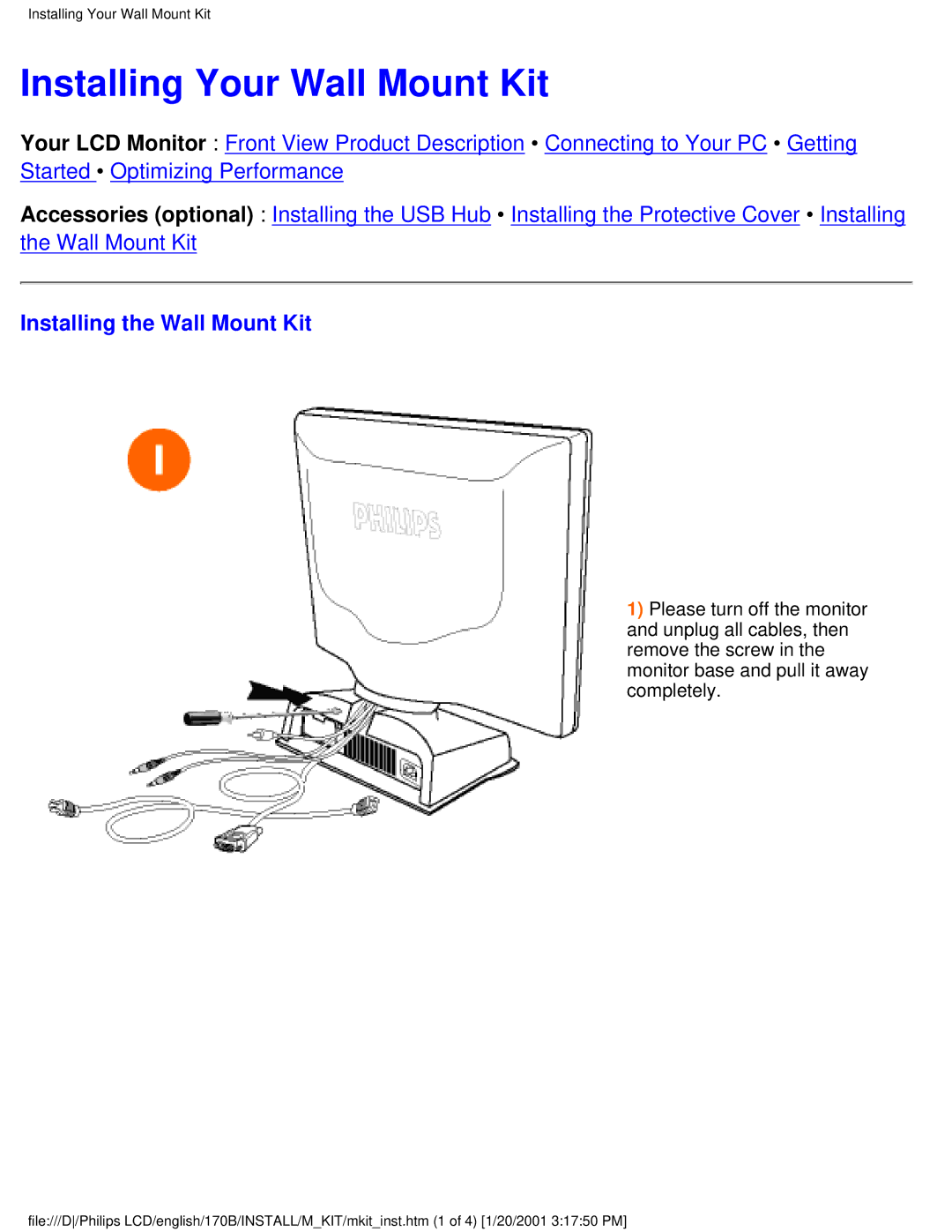 Philips 170B user manual Installing Your Wall Mount Kit, Installing the Wall Mount Kit 