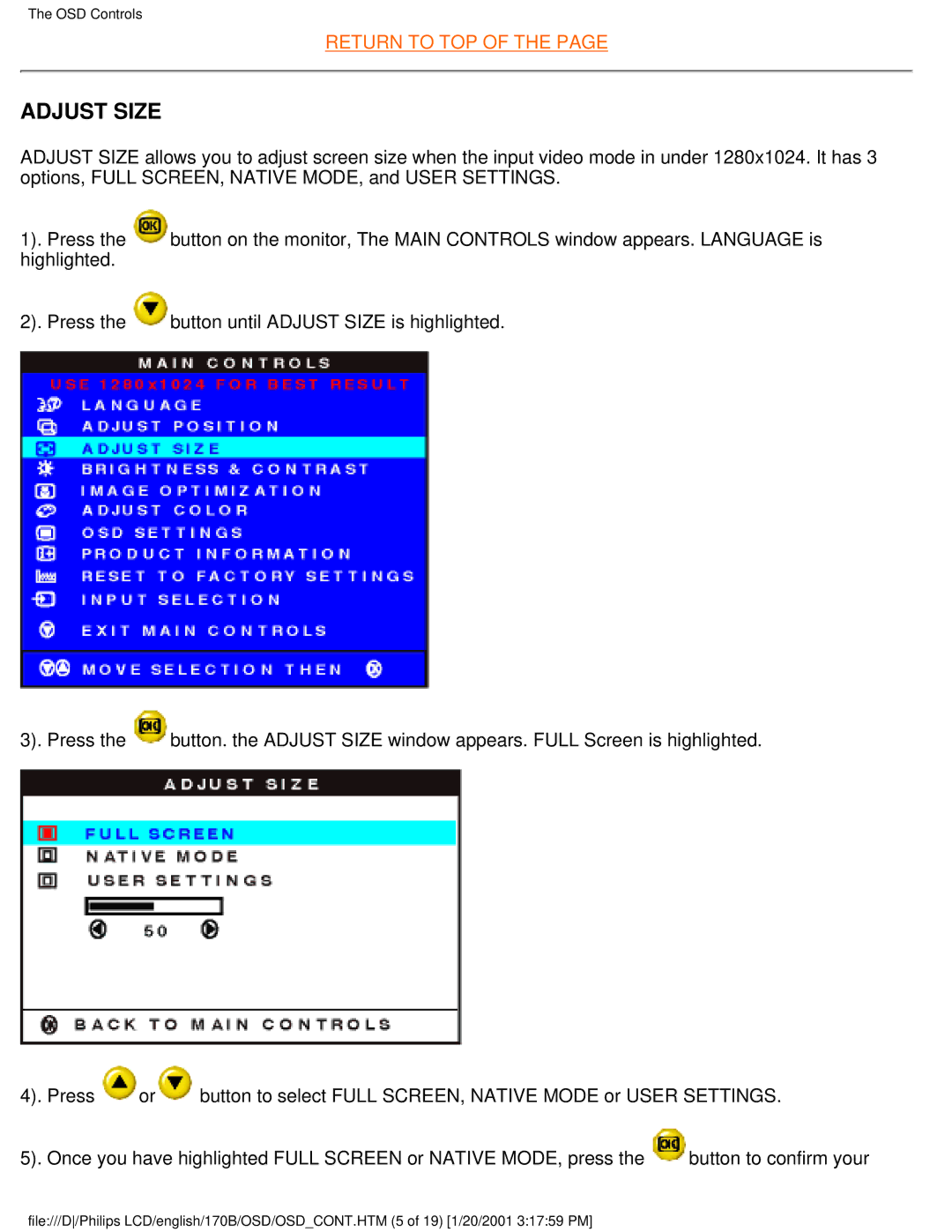 Philips 170B user manual Adjust Size 