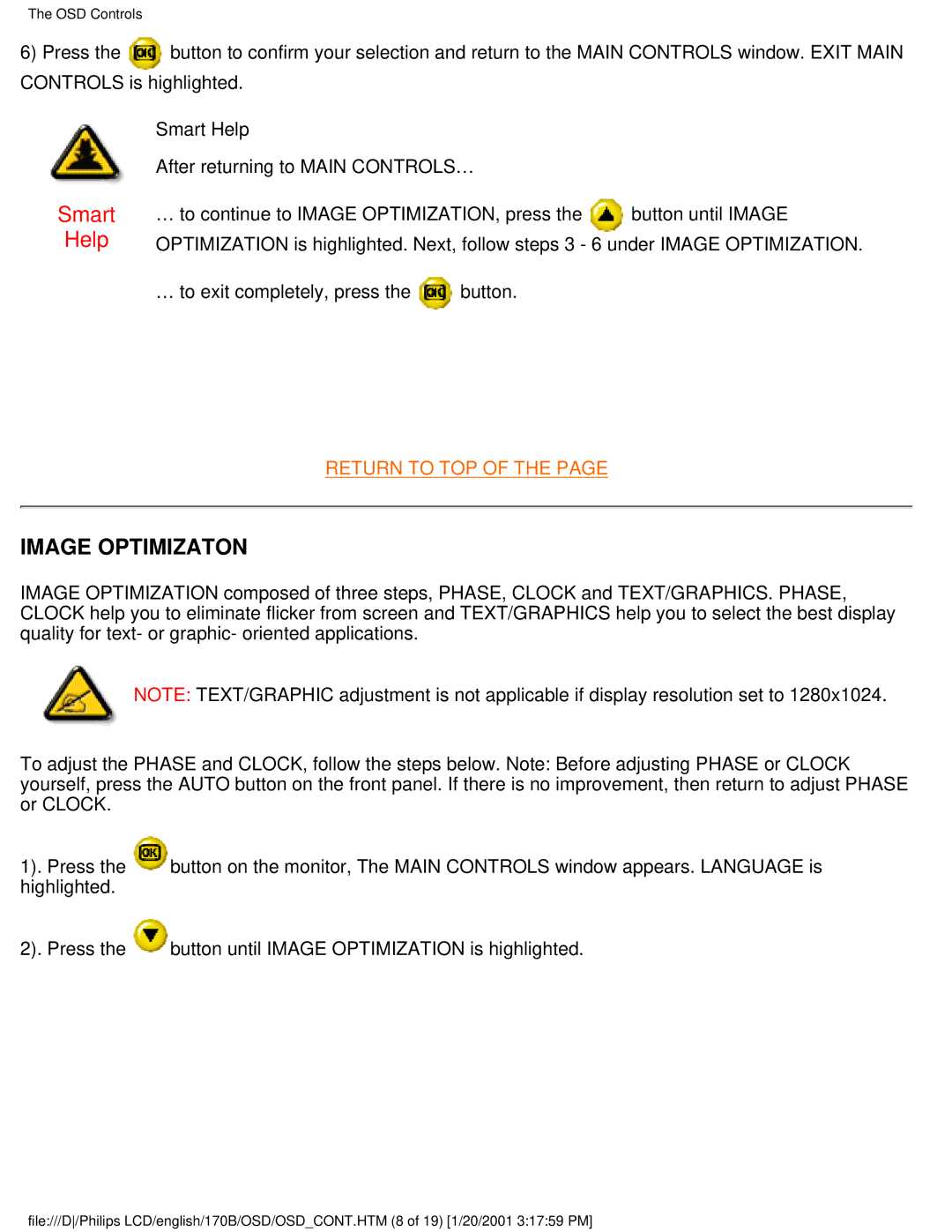 Philips 170B user manual Image Optimizaton 