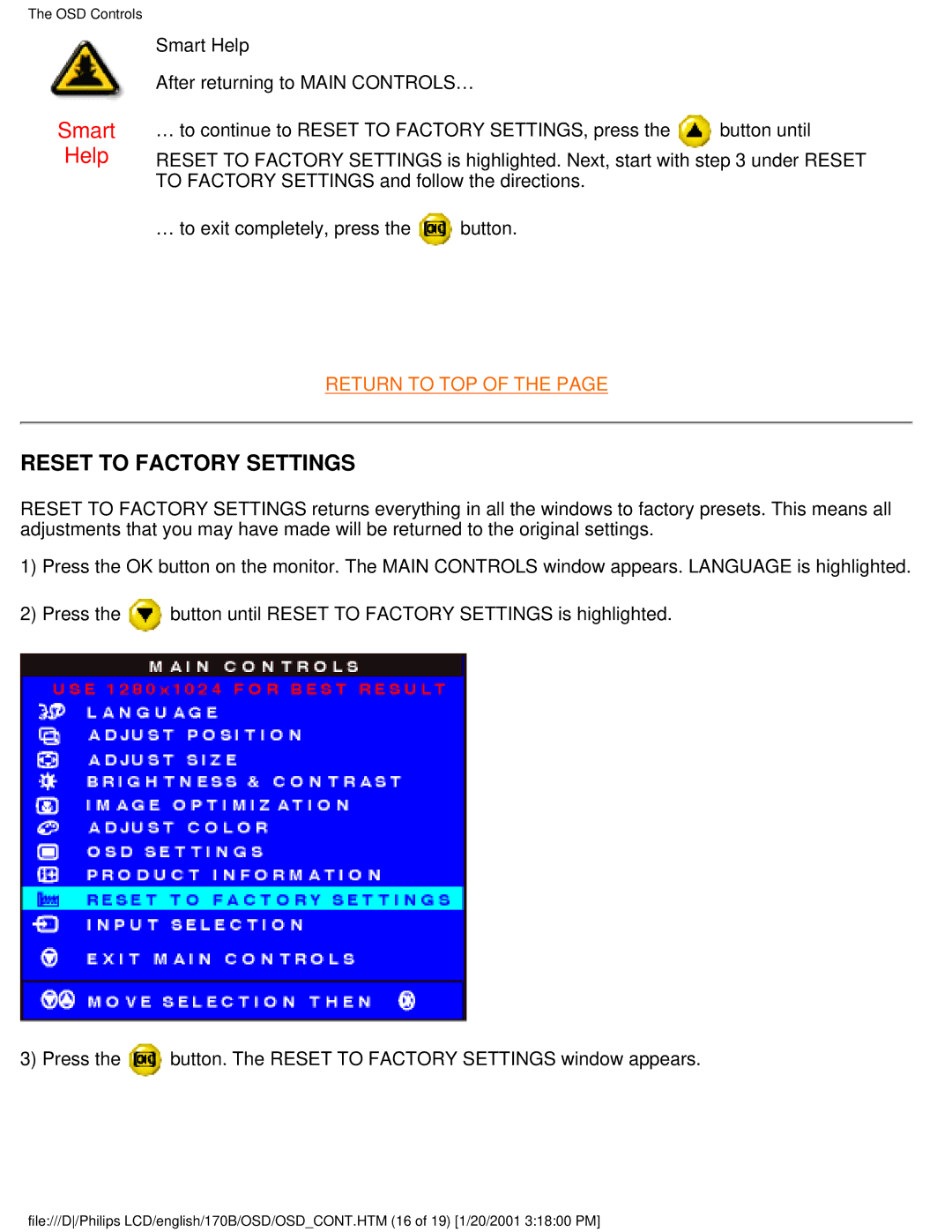 Philips 170B user manual Reset to Factory Settings 