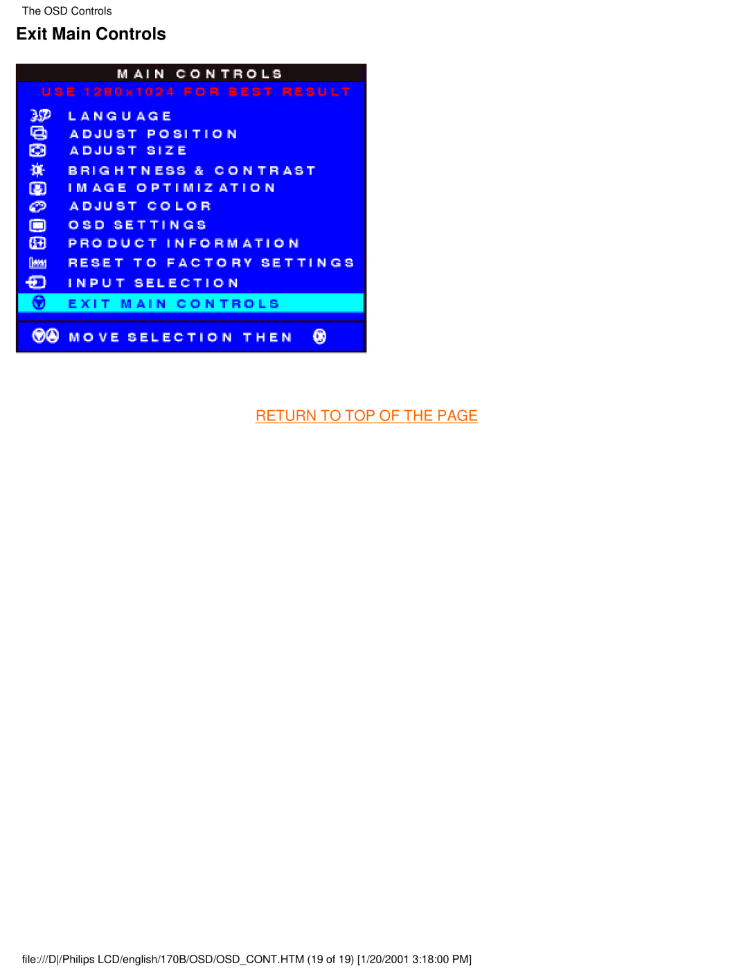 Philips 170B user manual Exit Main Controls 