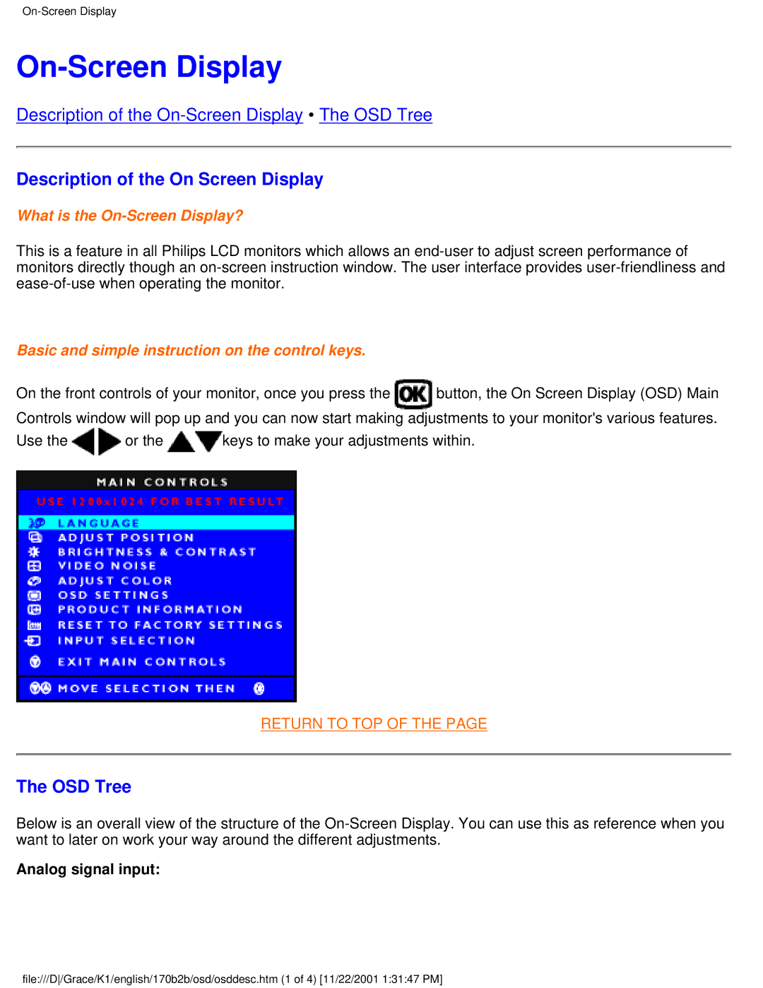 Philips 170B2B user manual On-Screen Display, Description of the On Screen Display, OSD Tree 