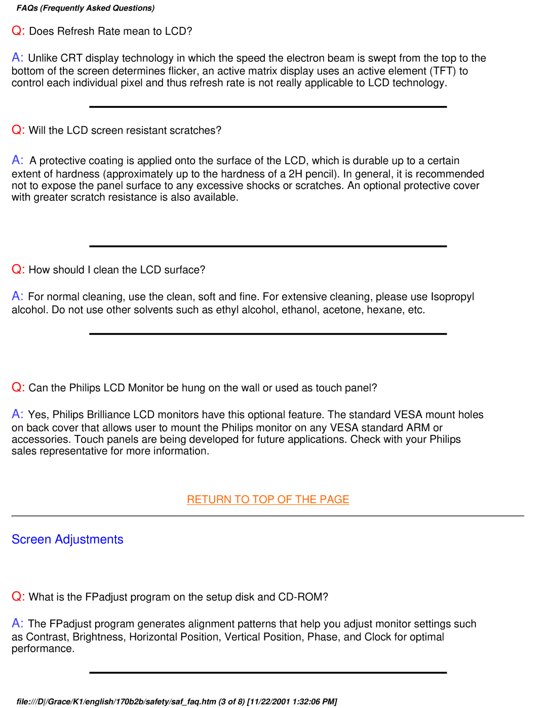 Philips 170B2B user manual Screen Adjustments 