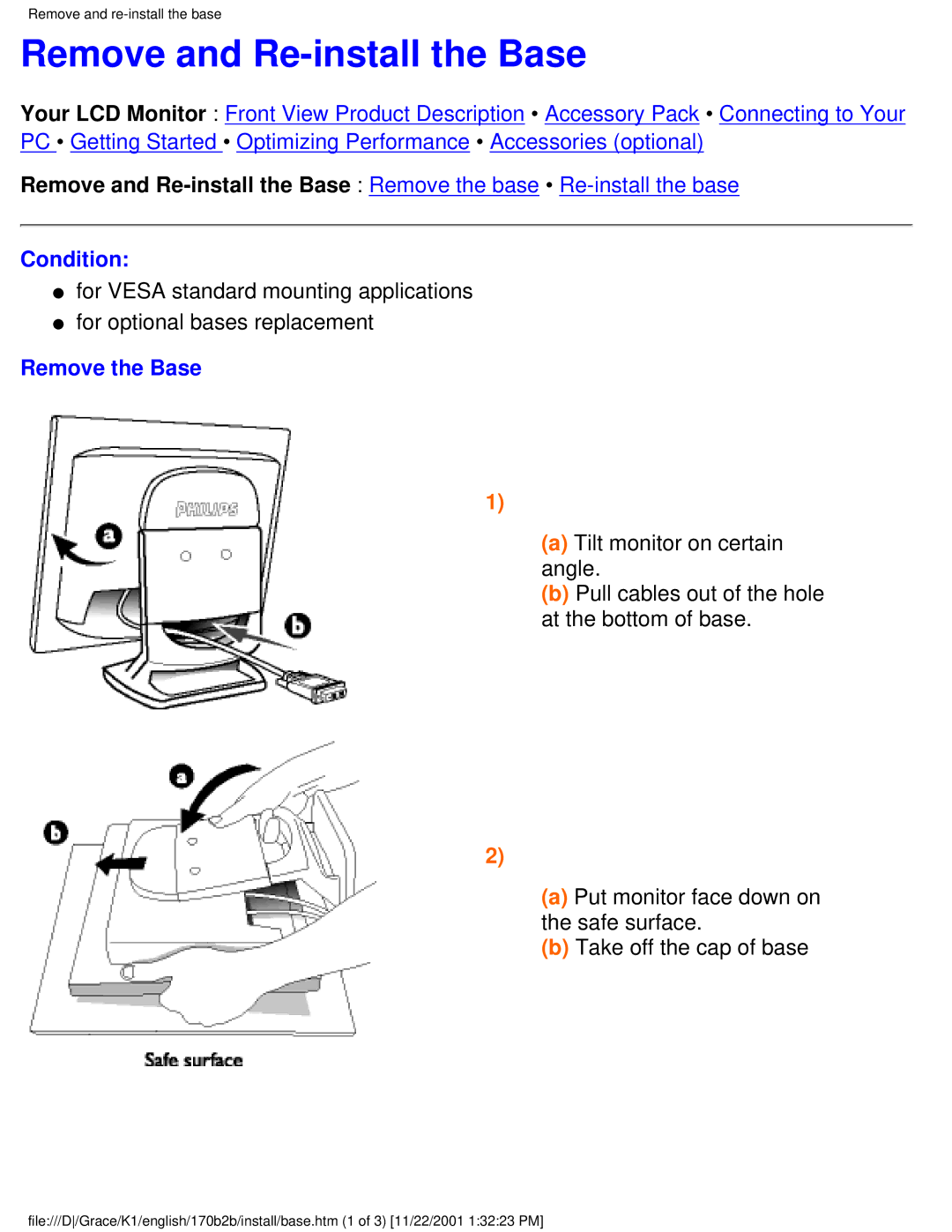 Philips 170B2B user manual Remove and Re-install the Base, Condition, Remove the Base 