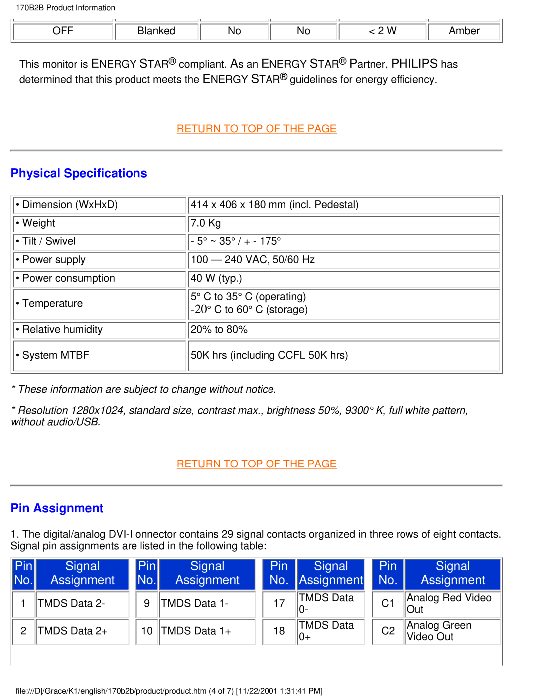 Philips 170B2B user manual Physical Specifications, Pin Assignment 