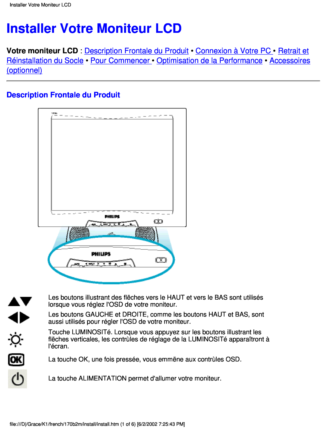 Philips 170B2M user manual Installer Votre Moniteur LCD, Description Frontale du Produit 