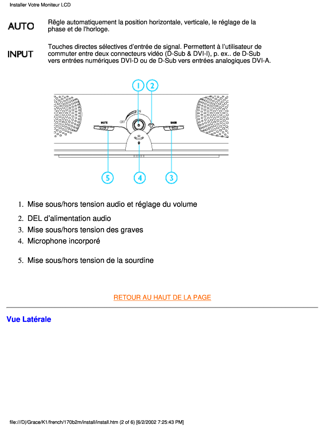 Philips 170B2M user manual Mise sous/hors tension audio et réglage du volume, Vue Latérale, Retour Au Haut De La Page 