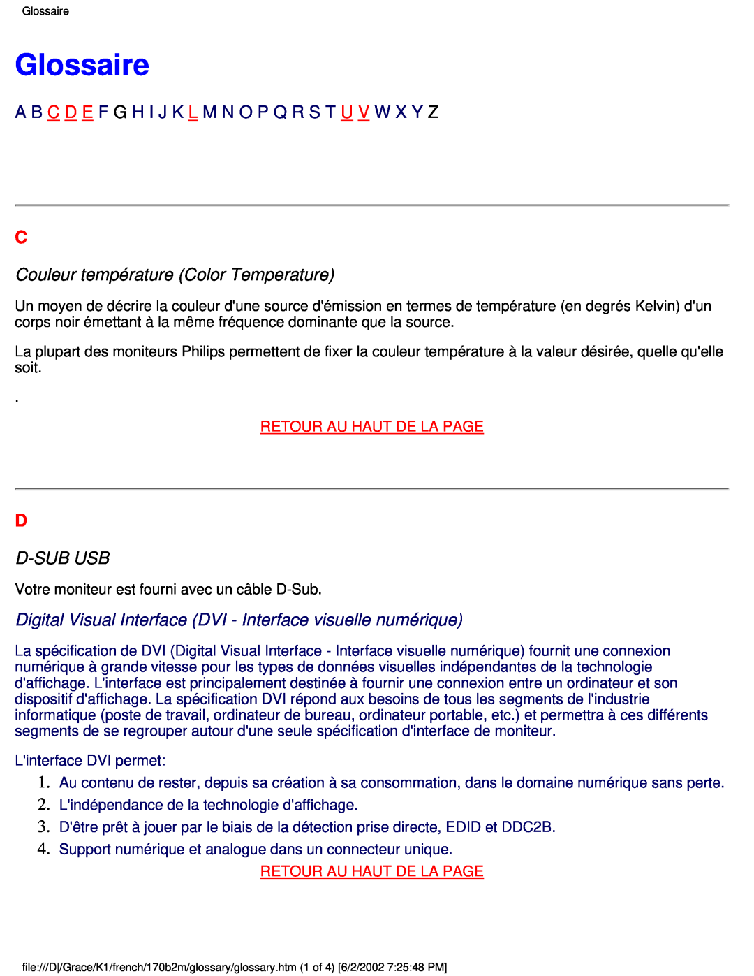 Philips 170B2M user manual Glossaire, Couleur température Color Temperature, D-Sub Usb, Retour Au Haut De La Page 