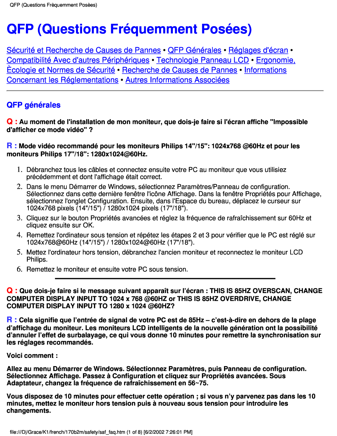 Philips 170B2M user manual QFP Questions Fréquemment Posées, QFP générales 