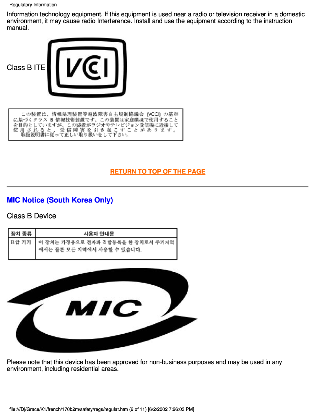 Philips 170B2M user manual Class B ITE, MIC Notice South Korea Only, Class B Device, Return To Top Of The Page 