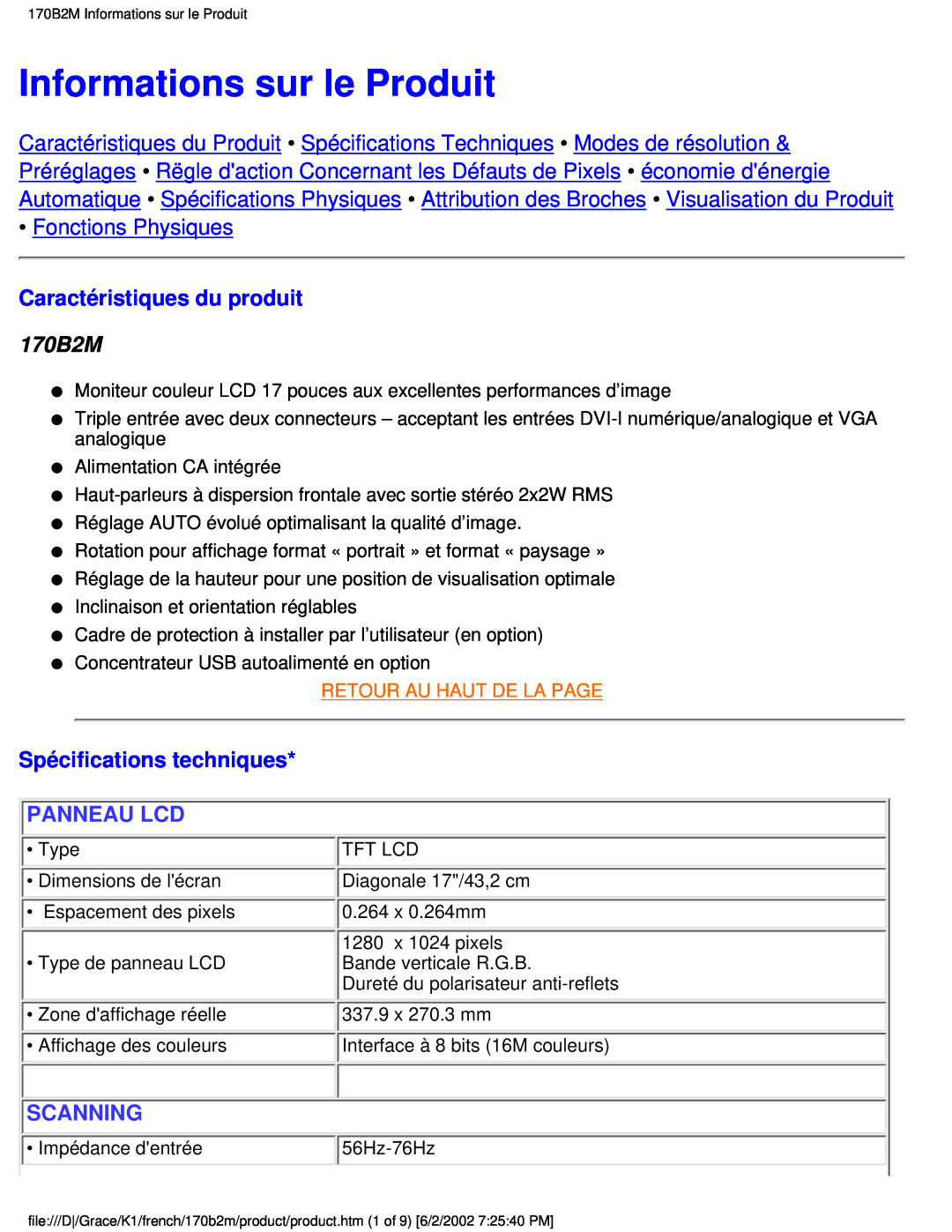Philips 170B2M Informations sur le Produit, Fonctions Physiques, Caractéristiques du produit, Spécifications techniques 