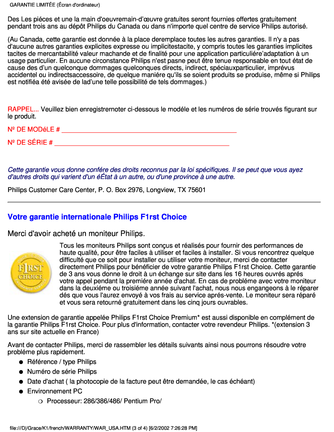 Philips 170B2M user manual Votre garantie internationale Philips F1rst Choice, Merci davoir acheté un moniteur Philips 