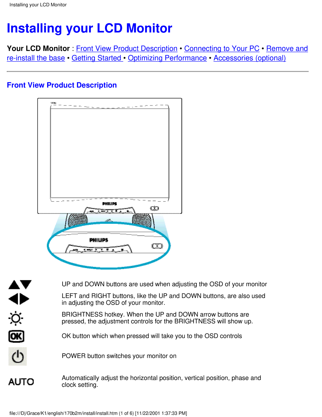 Philips 170B2M user manual Installing your LCD Monitor, Front View Product Description 