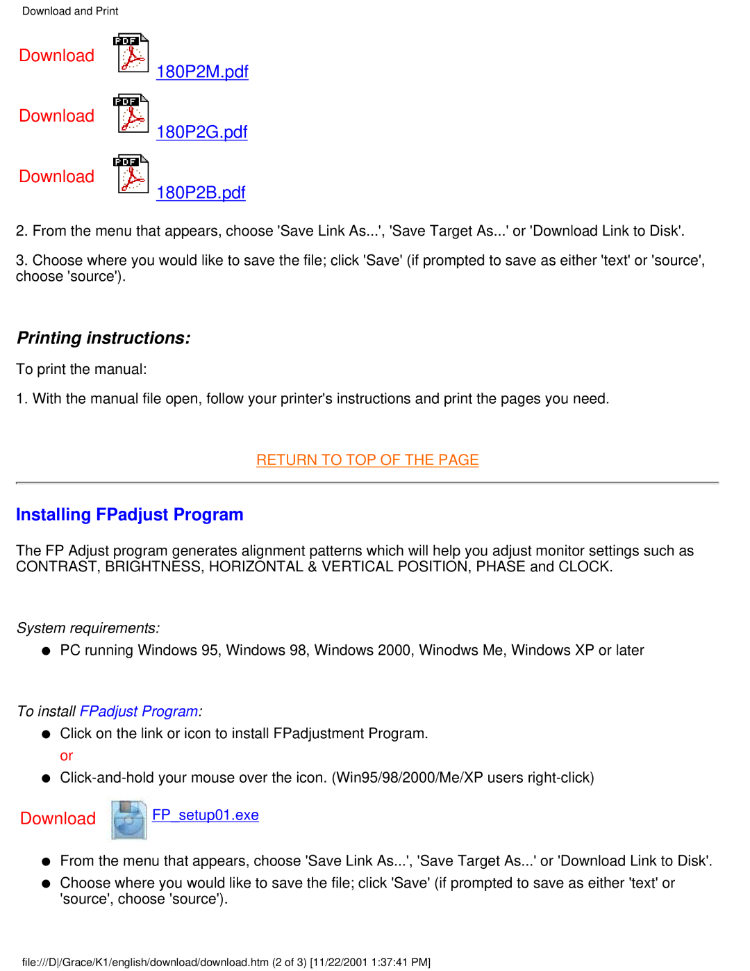 Philips 170B2M user manual Printing instructions, Installing FPadjust Program 