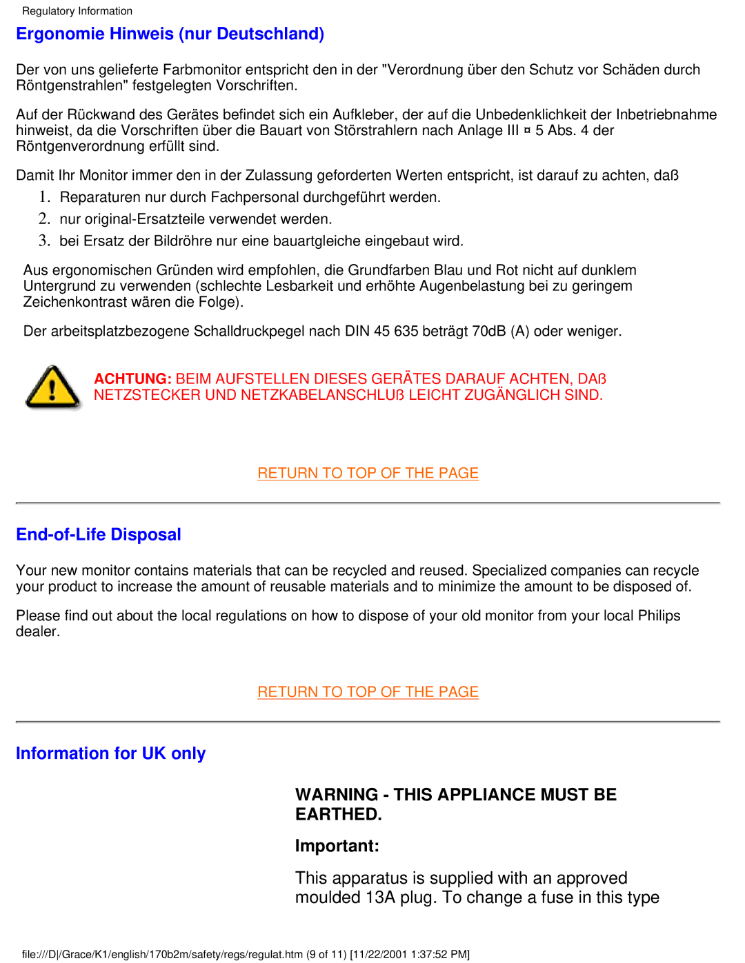 Philips 170B2M user manual Ergonomie Hinweis nur Deutschland, End-of-Life Disposal, Information for UK only 