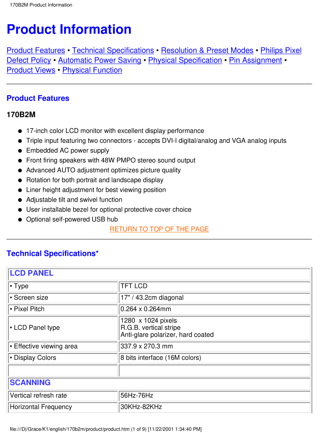 Philips 170B2M user manual Product Information, Product Features, Technical Specifications 