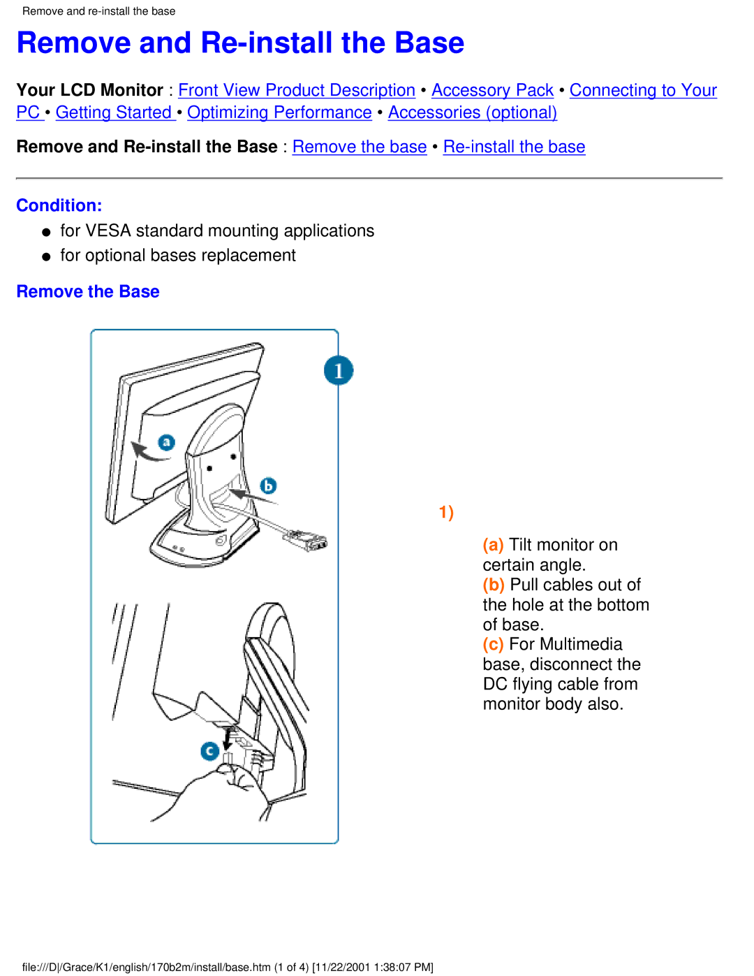 Philips 170B2M user manual Remove and Re-install the Base, Condition, Remove the Base 