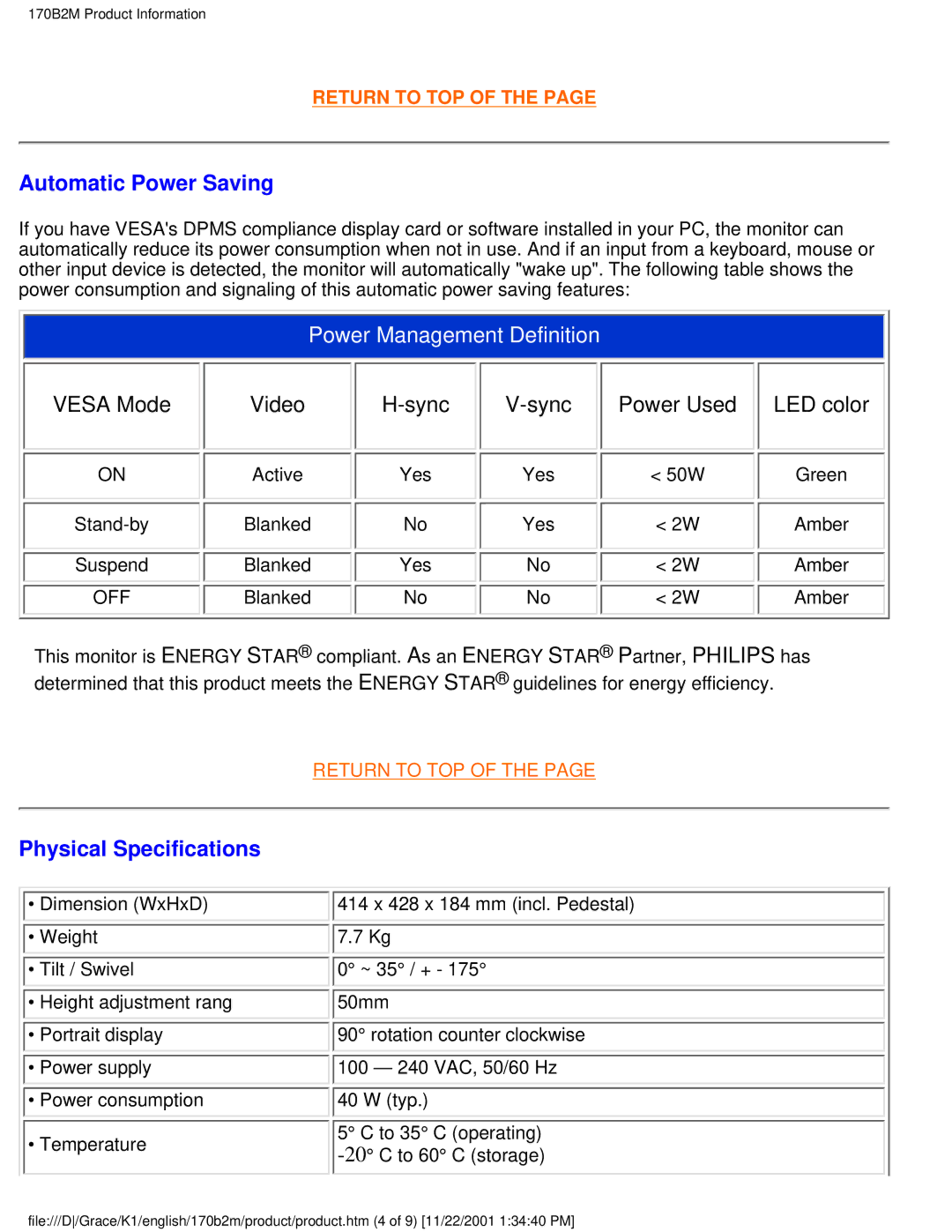 Philips 170B2M user manual Automatic Power Saving, Physical Specifications 