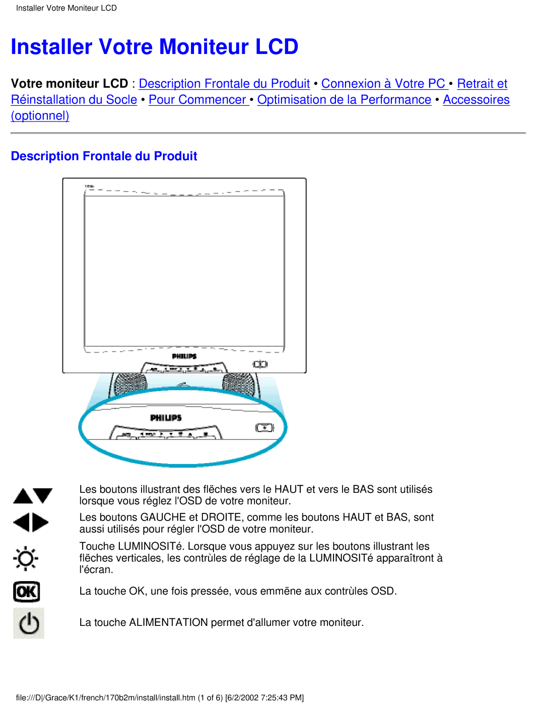 Philips 170B2M user manual Installer Votre Moniteur LCD, Description Frontale du Produit 