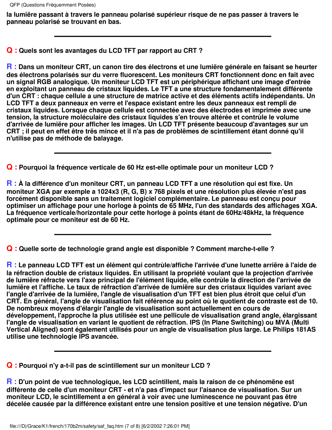 Philips 170B2M user manual QFP Questions Frèquemment Posèes 