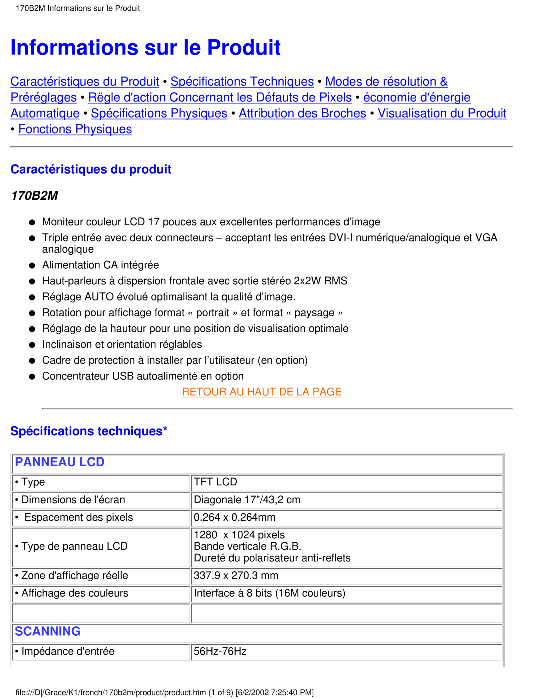 Philips 170B2M user manual Informations sur le Produit, Caractéristiques du produit, Spécifications techniques 