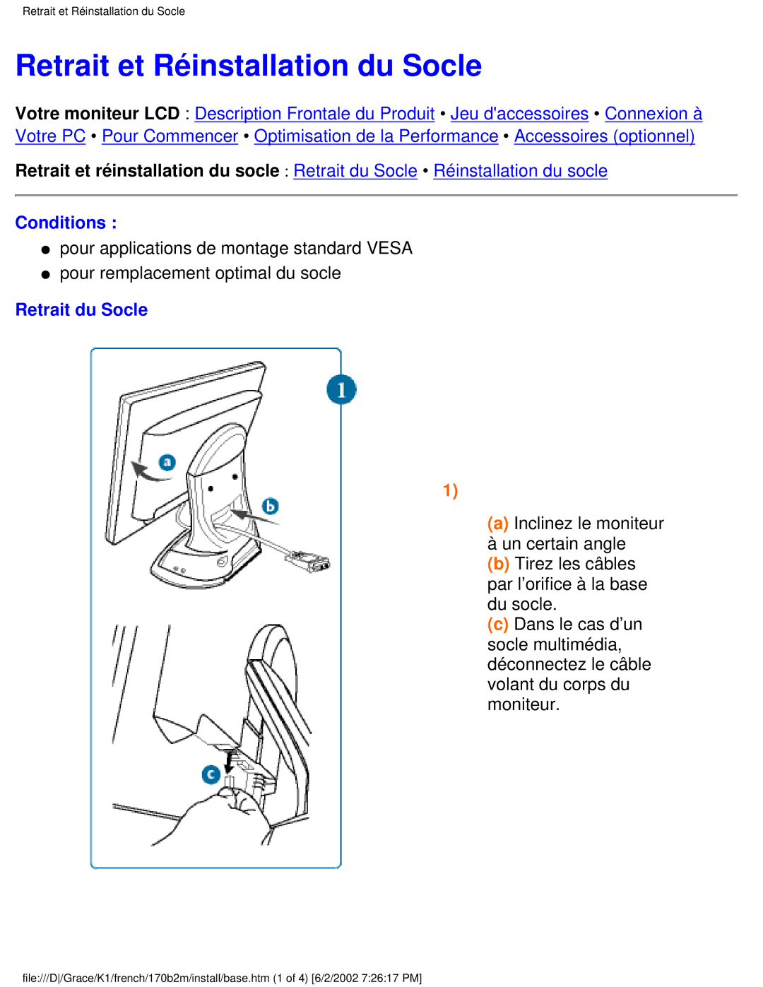 Philips 170B2M user manual Retrait et Réinstallation du Socle, Conditions, Retrait du Socle 