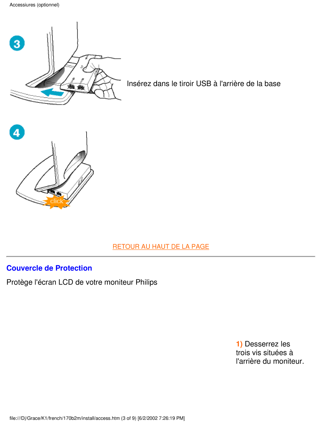 Philips 170B2M user manual Insérez dans le tiroir USB à larrière de la base, Couvercle de Protection 