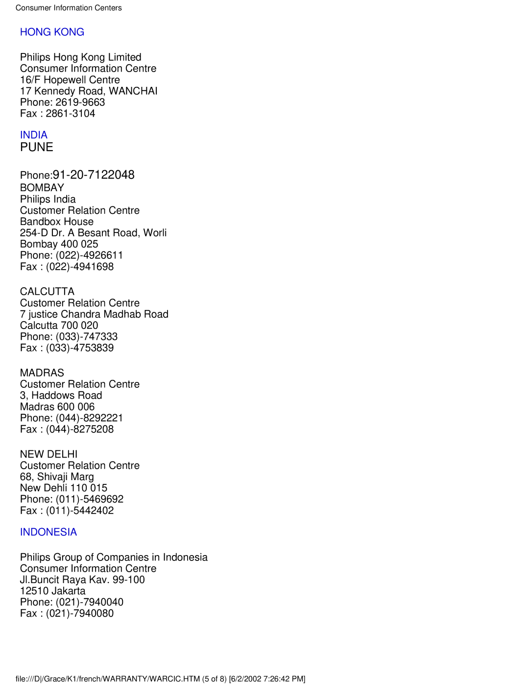 Philips 170B2M user manual Phone91-20-7122048, Hong Kong 