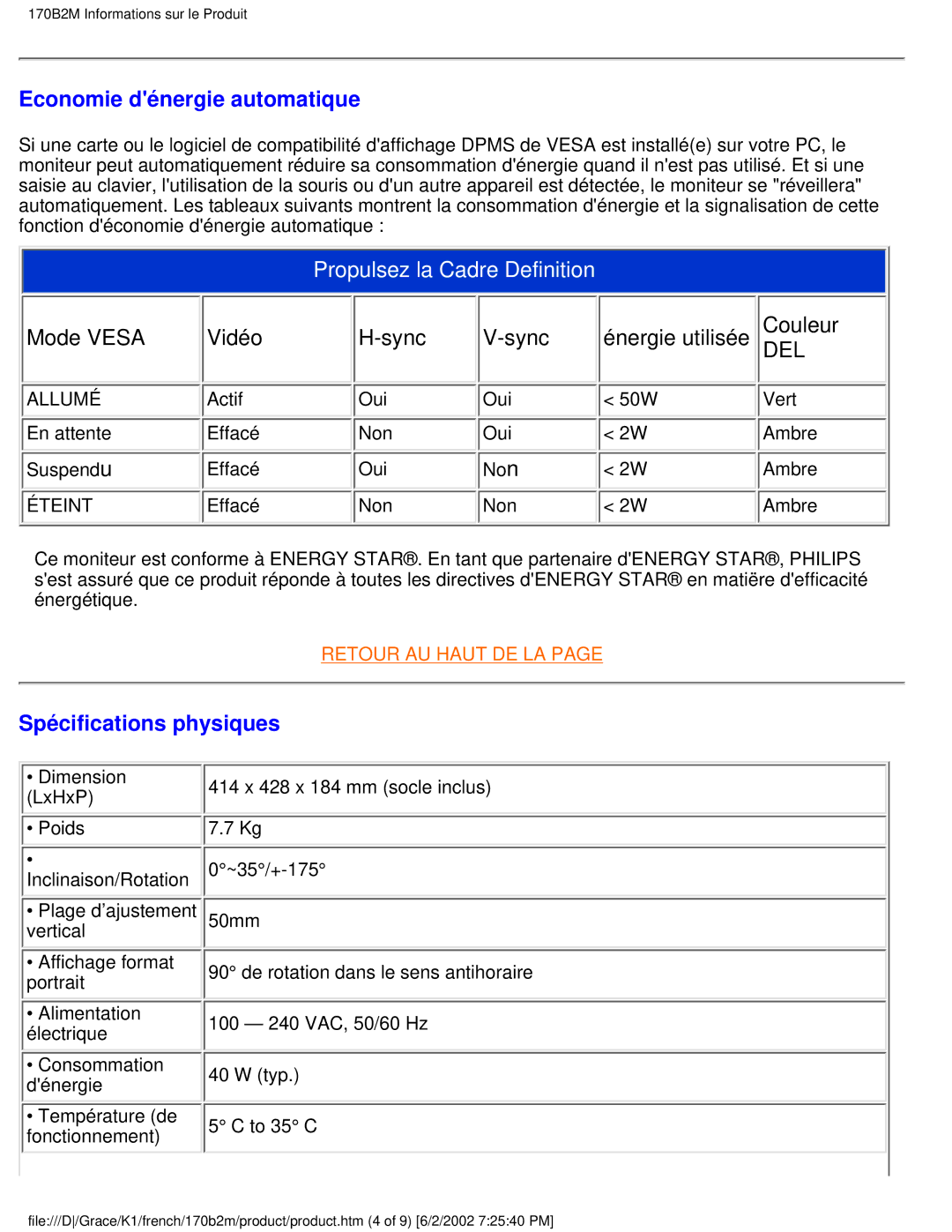 Philips 170B2M user manual Economie dénergie automatique, Mode Vesa Vidéo Sync Énergie utilisée, Spécifications physiques 