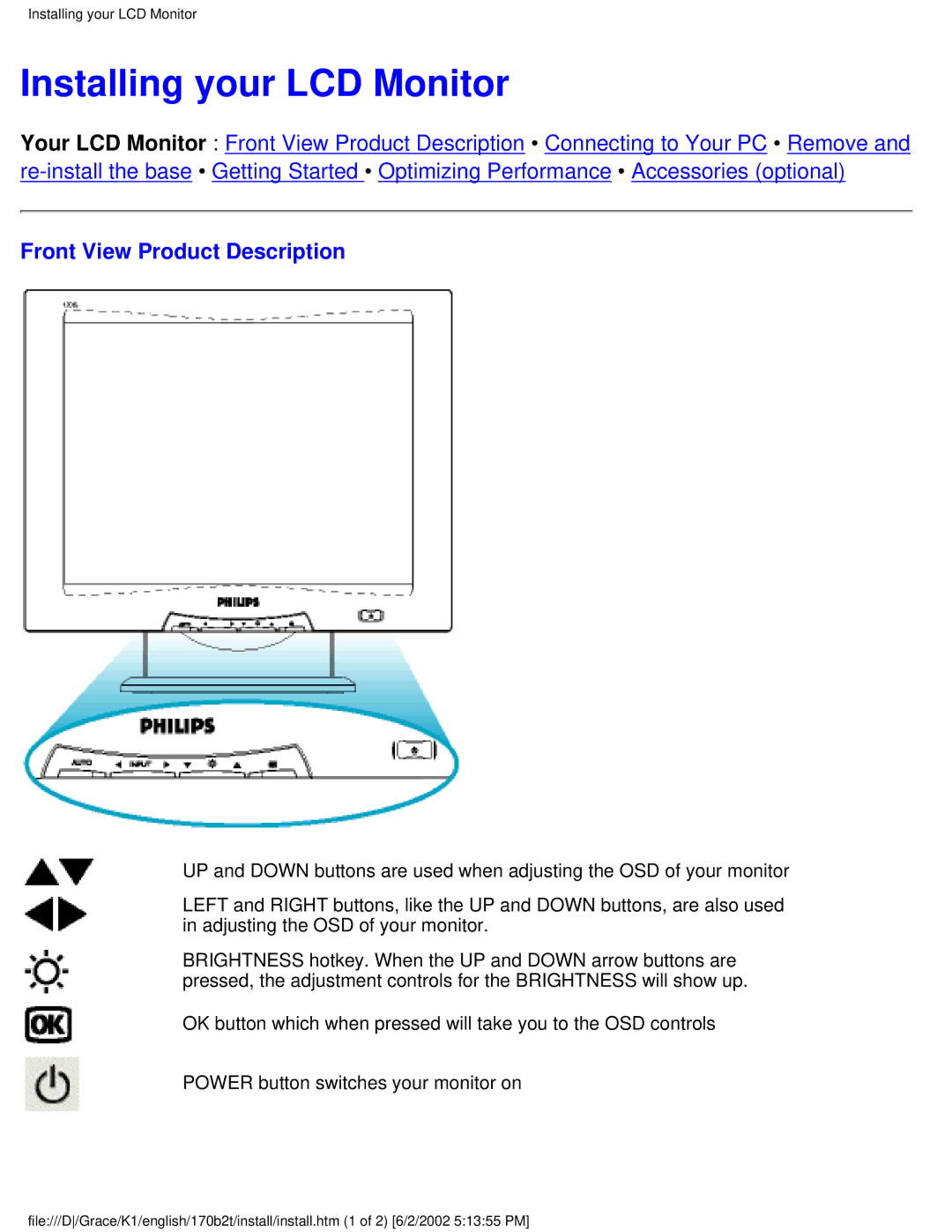 Philips 170B2T user manual Installing your LCD Monitor, Front View Product Description 