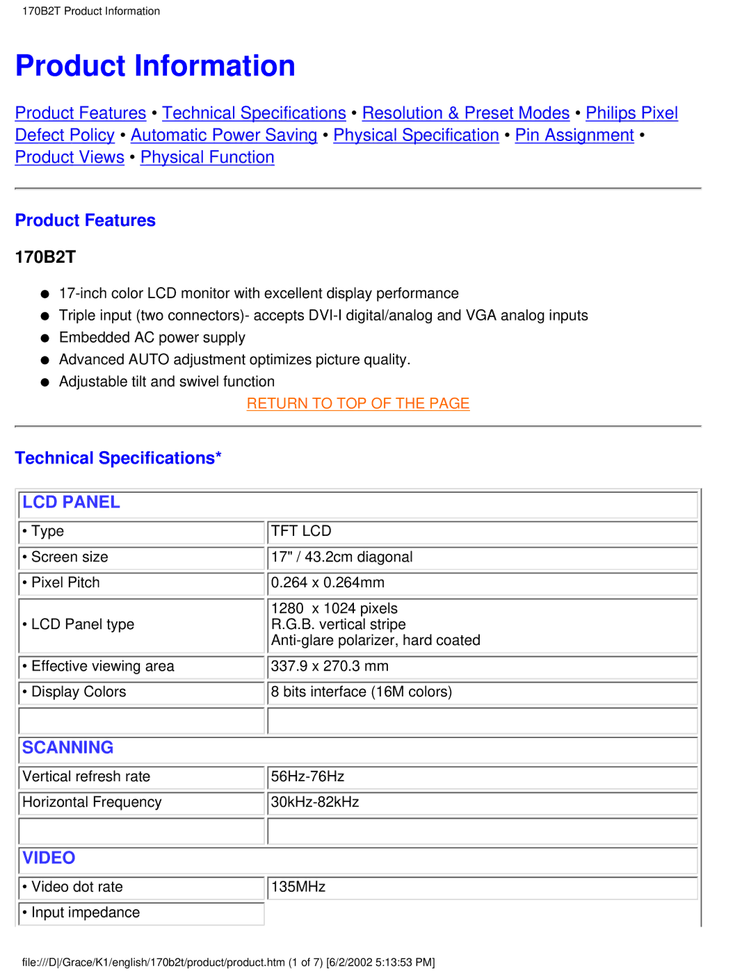 Philips 170B2T user manual Product Information, Product Features, Technical Specifications 